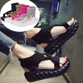 Kadın Gladyatör Sandalet Yaz Düz yün ayakkabı Kalın dipli Örgü Sandalet Katı Bayanlar Platformu Sandalias Zapatos Mujer