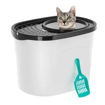 Çöp Yakalama Rendelenmiş Kapaklı Üstten Girişli Kedi Kumu Kutusu, Beyaz / Siyah
