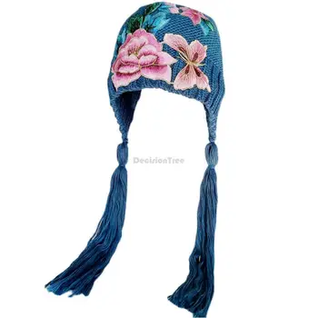 2023 kış sonbahar yeni çin etnik tarzı işlemeli çiçek kadın örme şapka kalın kulak koruyucu ulusal şapka s604
