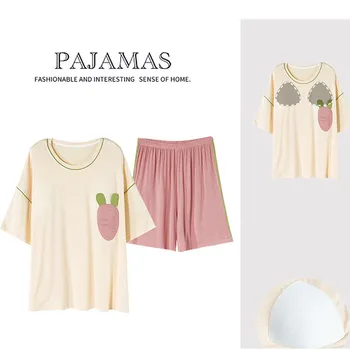 Rahat Göğüs Pedi Pijama Kadınlar İçin Yeni Karikatür Sevimli Pijama Seti Kısa Kollu Şort Takım Elbise Modal Rahat Öğrenci Pijama