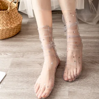 2 Pairs Yeni Bahar / Yaz Nefes kadın Çorap Sevimli Kız Yıldız Örgü Çorap Moda Dantel Prenses Çorap şeffaf ağ Çorap