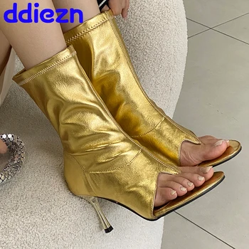Peep Toe Kadın yarım çizmeler Altın Ayakkabı 2023 Moda Streç Bayanlar Modern Çizmeler Topuklu Kayma Kadın Flip Flop Ayakkabı
