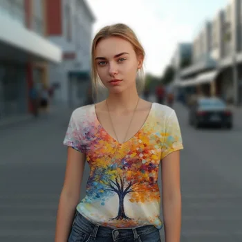 Kadın Moda Rahat V Yaka T-shirt Renkli Ağaçlar 3D baskılı tişört Basit ve rahat T-shirt Sokak popüler tişört