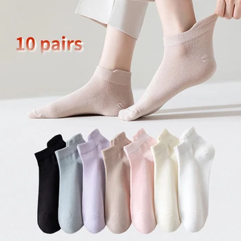 10 Pairs Pamuk Çorap Yaz Kısa Çorap Örgü Nefes Kulak Kaldırma Kadın Çorap Yaz İnce Anti Koku ve Anti Kayma çorap