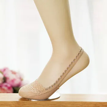 5 Pairs No Show Kadın Çorap Yaz Sonbahar Dantel Kız Tekne Çorap Ultra Ince Görünmez Serin Seksi Bayanlar Düşük Kesim Çorap Terlik Kadın