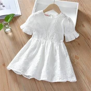 Rahat Moda Giyim Yaz Bebek Kız Elbise Kısa Kollu Oyulmuştur Pamuk Beyaz Prenses Elbise Çocuklar Parti Elbiseler AA6206