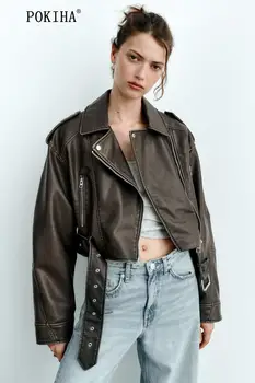 Pokıha Moda Kadınlar Yeni Kemer İle Suni Deri Kırpılmış Ceket Ceket Vintage Uzun Kollu Fermuar-up Kadın Giyim Chic Tops