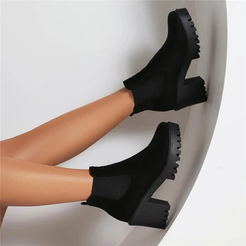 ANNYMOLI Kadın yarım çizmeler Yuvarlak Ayak Tıknaz Yüksek Topuklu Platformu Chelsea kısa çizmeler Bayanlar moda ayakkabılar Sonbahar Kış Siyah 43