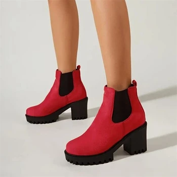 ANNYMOLI Kadın yarım çizmeler Yuvarlak Ayak Tıknaz Yüksek Topuklu Platformu Chelsea kısa çizmeler Bayanlar moda ayakkabılar Sonbahar Kış Siyah 43