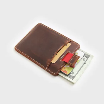 Hakiki deri kartlık Erkekler İçin Vintage Çılgın At İnek Derisi Kısa İnce Minimalist Ön cüzdan çanta Kredi kartı kılıfı