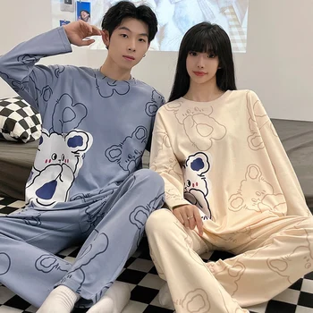 Büyük Boy Pijama Seti Çift Bahar Sonbahar Uzun kollu Pantolon Erkek Pijama Kadın Artı Boyutu Loungewear pamuklu gecelik Yeni
