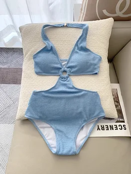 Şık Mavi Nervürlü Mayo Seksi Kadınlar Yüksek Bel Cut Out Mayo 2023 Yeni Kırışık Banyo Takım Elbise Tek Parça Yaz Beachwear Monokini