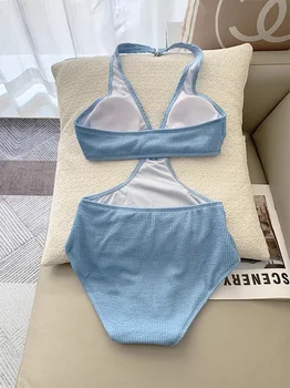Şık Mavi Nervürlü Mayo Seksi Kadınlar Yüksek Bel Cut Out Mayo 2023 Yeni Kırışık Banyo Takım Elbise Tek Parça Yaz Beachwear Monokini