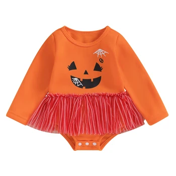 Citgeett Sonbahar Cadılar Bayramı Bebek Bebek Kız Bodysuit Elbise Elbise Yüz Baskı Tül Etek Etek Uzun Kollu Tulum Giysileri