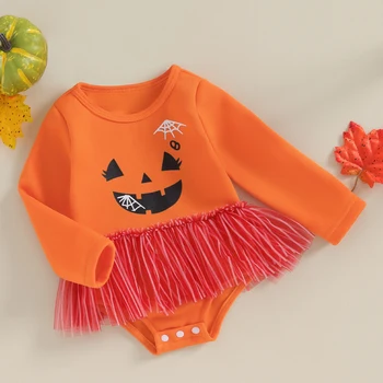 Citgeett Sonbahar Cadılar Bayramı Bebek Bebek Kız Bodysuit Elbise Elbise Yüz Baskı Tül Etek Etek Uzun Kollu Tulum Giysileri