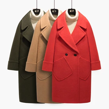 Cariye orta uzunlukta yün ceket, kış yeni stil, gevşek mizaç, kırmızı moda şekilli yün ceket, kadın