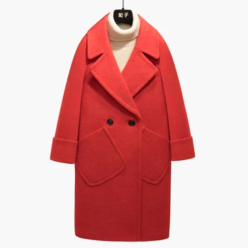 Cariye orta uzunlukta yün ceket, kış yeni stil, gevşek mizaç, kırmızı moda şekilli yün ceket, kadın