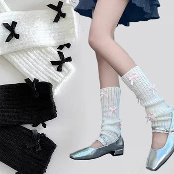 Yay Örme Yün bacak ısıtıcıları kadın Japon yay JK Lolita Bacak Çorap Kış Sonbahar Y2k Çorap Harajuku ayak koruyucu Kazık Çorap