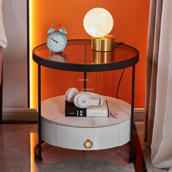 Işık lüks ferforje Komodinler Modern basit Mini Cam Başucu Masa İskandinav Yatak Odası Yuvarlak depolama dolabı Ev Mobilyaları