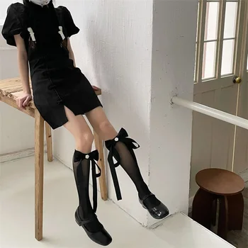 Kadın diz üstü çorap Elastik Yumuşak Şeffaf Yay Çorap Lolita Çorap Sokak Partisi için (A-Siyah 2 Bir Boyut)