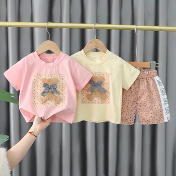 Moda Çocuk Yaz Güzel Ayı Gömlek Seti Kısa Set Erkek Bebek Kıyafet Giyim Kostüm 1 2 3 4 Yıl