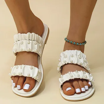 Kadın Ayakkabı Düz İnci Terlik Yaz İnci Rahat burnu açık Tek Ayak Moda Plaj Roma Sandalet