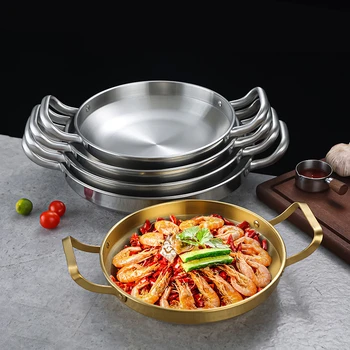 Kore Paslanmaz Çelik Sığ Tencere Çift Kulak Deniz Ürünleri Pişirme Kuru Tencere Paella kızartma tavası Mutfak Tencere Eşyaları