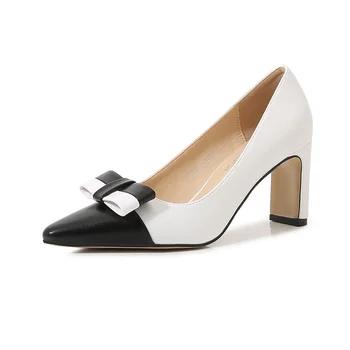 Kadınlar Yeni Tatlı Siyah Ve Beyaz Kalın Yüksek Topuklu Ayakkabı Pompaları Büyük Yay Stilettos Sivri Burun Slip-On 35-46 28cm 7.5 cm Chaussures