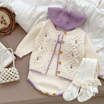 Sonbahar Bahar Bebek Bebek Kız Örgü Giyim Seti Uzun Kollu Çiçek Nakış Hırka + Tulum Yenidoğan Bebek Giyim Takım Elbise