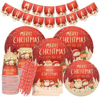 Merry Christmas Tek Kullanımlık Sofra Noel Baba Kağıt Tabaklar peçeteler Saman Noel Ev Dekor Noel Yeni Yıl Malzemeleri