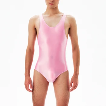 Erkek Parlak Parlak Bodystocking Kolsuz İnce Romper Tulumlar Yüzme Bodysuit İç Çamaşırı Bikini İpeksi Eşcinsel Leotard Güreş