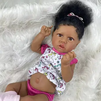55 CM Afrika Amerikan Reborn Saskia Tam Vinil Vücut Yıkanabilir Yenidoğan Posable Bebek Siyah Kız Çocuklar İçin hediye