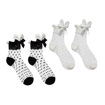 Kadınlar Şeffaf Kristal Elyaf Ayak Bileği Çorap Tavşan Kulakları İlmek Dantel Retro Polka Dot Şeffaf Yaz Örgü Çorap