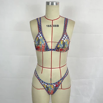 BEACHCİCİ kadın Baskılı Çift Kayış Bikini seti Seksi Bikini İki parçalı Çelik Kemer Yüksek Bel Desen Beachwear
