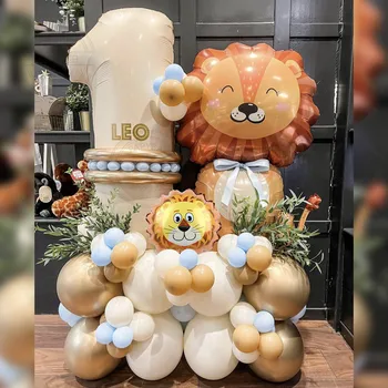 60 Adet Jungle Safari Hayvan Aslan Tema 40 inç 1-9 Krem Numarası Balonlar Parti Dekor Folyo Lateks Balonlar doğum günü hediyesi Çocuklar için
