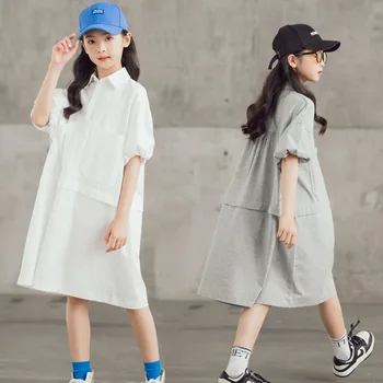 Kız Elbise 2023 Yaz Yeni Örme Pamuk Yaka Elbise Orta çocuk Rahat Gevşek Uzun Etek