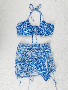 3 Adet Mavi Çiçek Baskı Bikini Kadın Kravat Örgü Etek Mayo 2023 Yaz Cut Out Plaj Mayo Yüksek Bel Mayo