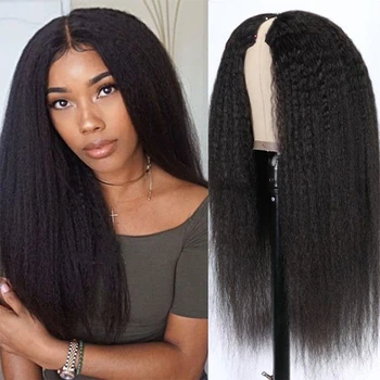 Vpart %100 % insan saçı Sapıkça Düz Peruk Orta Kısmı Doğal Siyah Afrika Kadınlar Upart Brezilyalı Sapıkça düz insan saçı peruk
