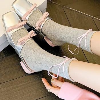 Kadın İlkbahar Yaz Pamuk Çorap Bale Yay Dantel Up Çorap Rulo Manşetleri İçi Boş Örgü Ayak Bileği Çorap JK Orta Tüp Çorap