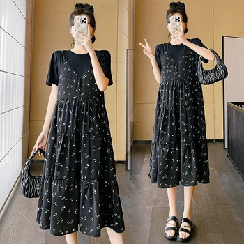 2023 Yaz Uzun Gevşek Gebelik şifon elbise Kısa Kollu O-boyun Sahte İki Adet Hamile çiçekli elbiseler Kadın Pilili Elbise