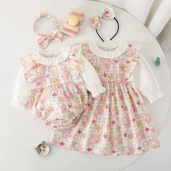Sonbahar Büyük Kardeş ve Küçük Kardeş Eşleşen Giyim Kız Uzun Kollu pamuk bebek tulumu Bebek Prenses Elbise Twins Kıyafet Elbiseler