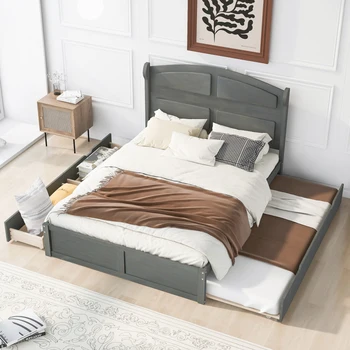 Ahşap çift kişilik yatak, Modern basit platform yatağı e n e n e n e n e n e n e n e n e n e Boyutu Trundle ve 2 Çekmeceli, Çoklu Depolama Alanı yatak, yatak odası için uygun