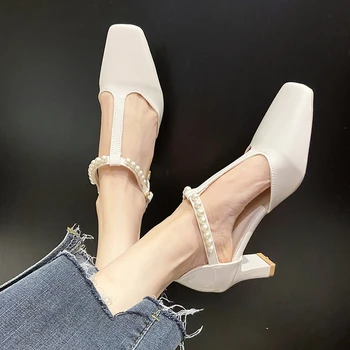 BCEBYL Yaz Yeni Kare Ayak Kalın Topuk Inci Dekore Moda kadın ayakkabısı Sığ Ağız Nefes Seksi Zarif Yüksek Topuklu