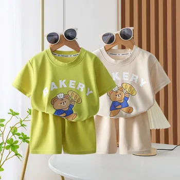 Çocuk Karikatür Ayı Baskılı Eşofman Rahat Nefes yazlık t-shirt + Şort Kız Erkek Rahat Yeni Stil Ev Giysileri 2 adet
