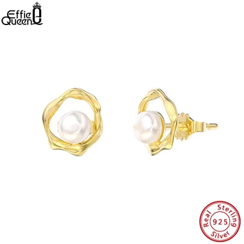 Effie Kraliçe 925 Ayar Gümüş Geometrik Tasarım inci küpeler Kadınlar için Basit Barok inci saplama küpe Parti Takı GPE74