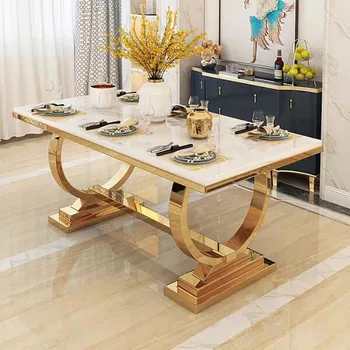 uzun dikdörtgen beyaz mermer masa Restoran yemek masası yüzük altın paslanmaz çelik çerçeve ev mutfak yemek masası