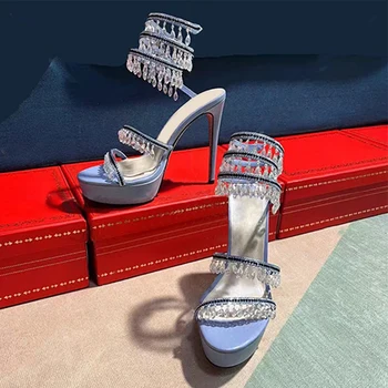 Kristal Kolye Ayak Bileği Yılan Wrap platform sandaletler Kadın Yaz 2023 Burnu açık Slingback Düğün gelin ayakkabıları Moda Lüks Pompalar