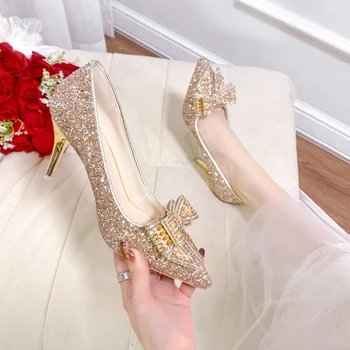 Yeni Sivri Burun Stiletto İlmek Rhinestone Dekore Moda Bayan Ayakkabıları Seksi Ziyafet Düğün Parti Yüksek Topuklu Zapatos Mujer