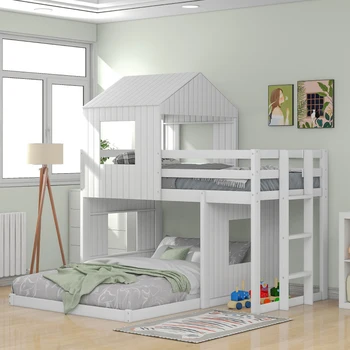 Ahşap İkiz Yatak Üstü Ranza, Oyun Evi, Çiftlik Evi, Merdiven ve kapalı yatak odası mobilyaları için Korkuluklu Çatı Katı Yatak, Beyaz