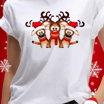Unisex Baskı 2022 Yılbaşı Yeni Yıl Noel Baskılı kısa kollu tişört Noel Elk Baskı T Shirt Harajuku Kadın Moda